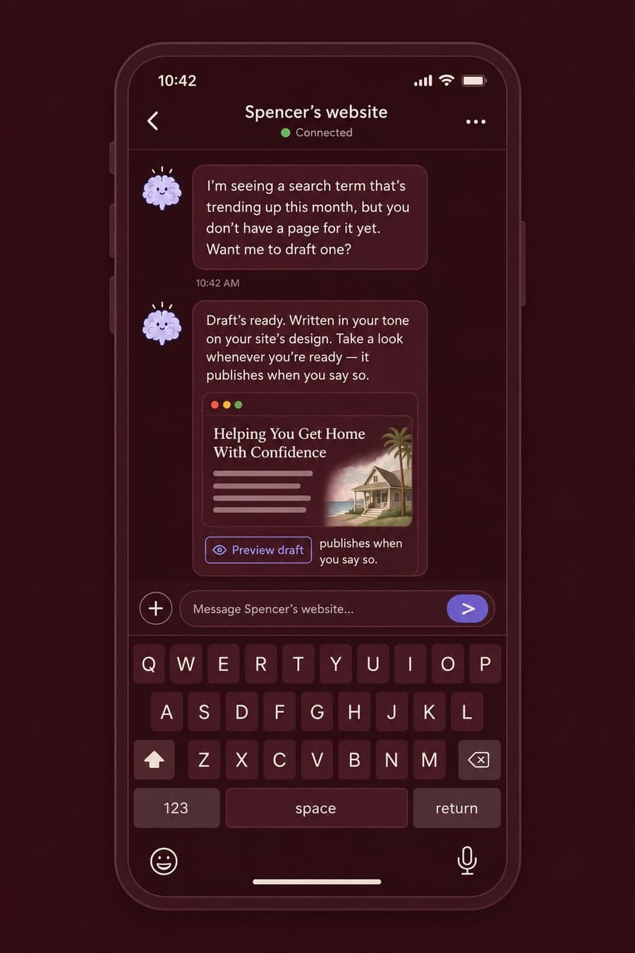 A phone chat with Spencer's website: the site proposes a drafted page and waits for approval before publishing