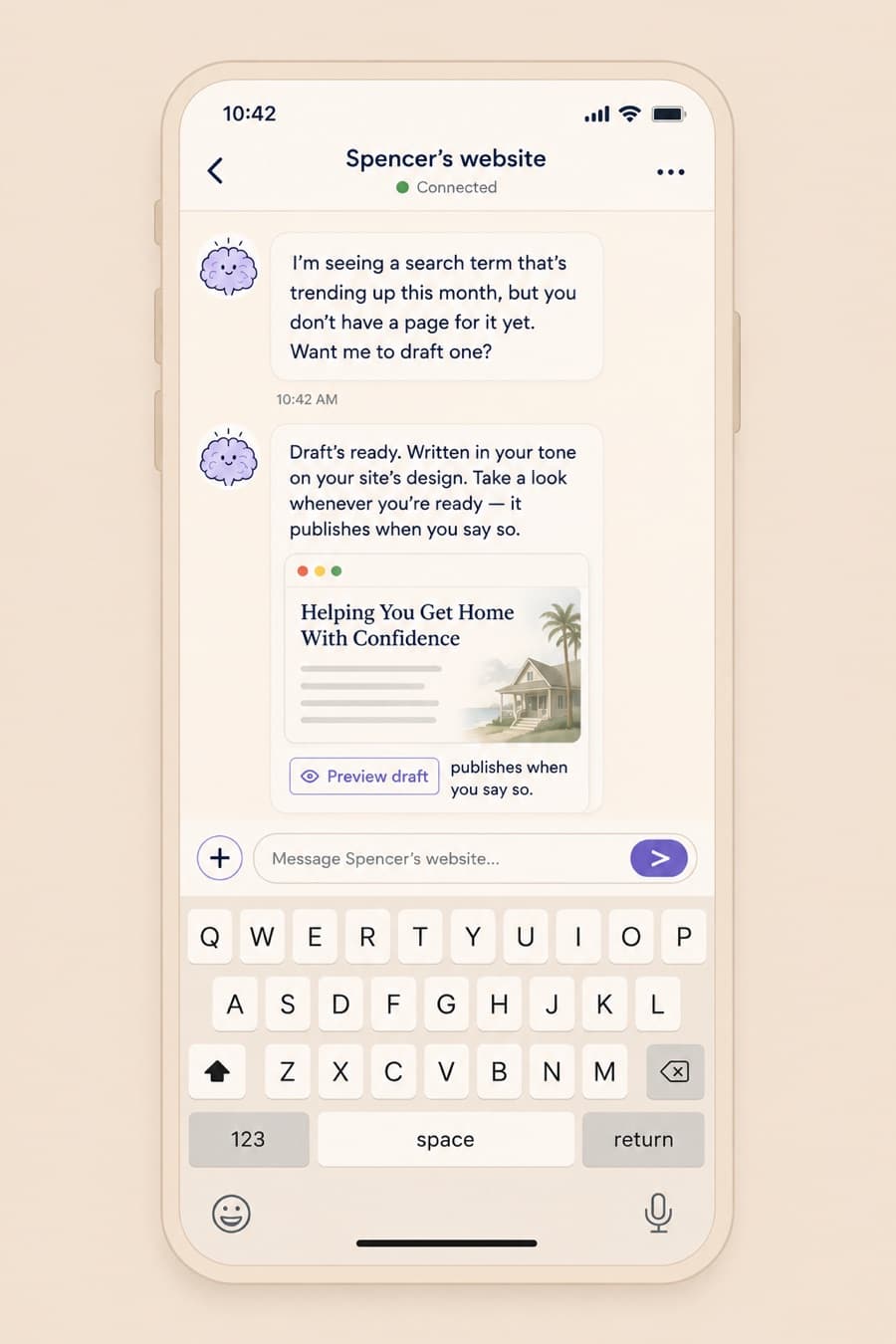 A phone chat with Spencer's website: the site proposes a drafted page and waits for approval before publishing