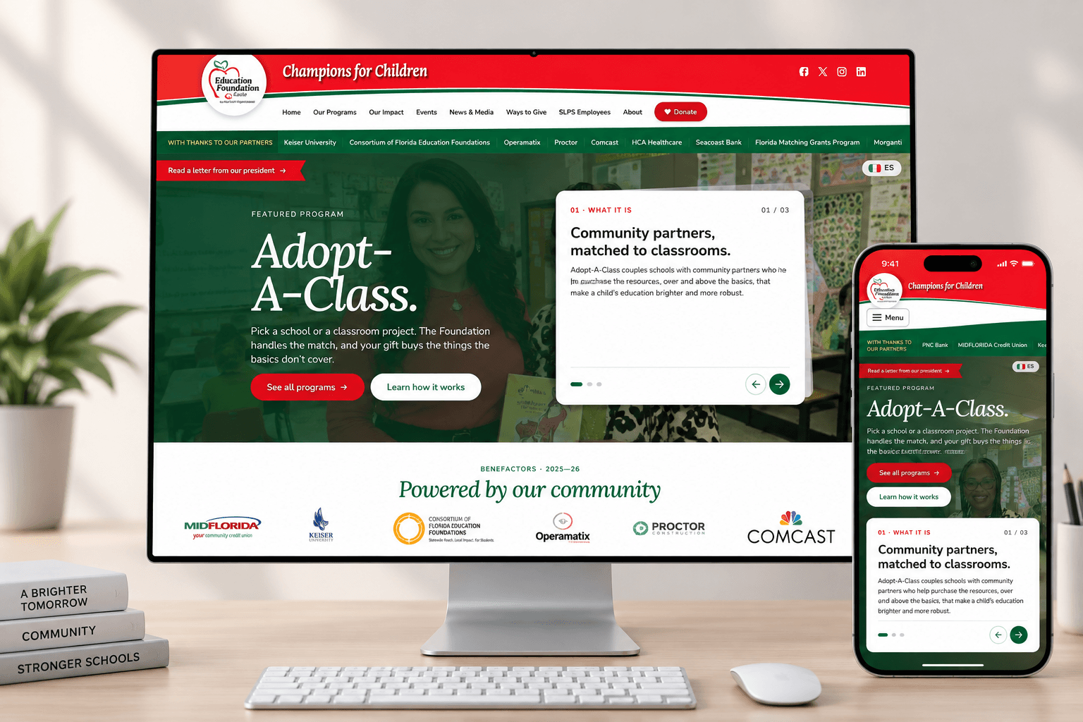 The new foundation website on a desktop monitor and a phone