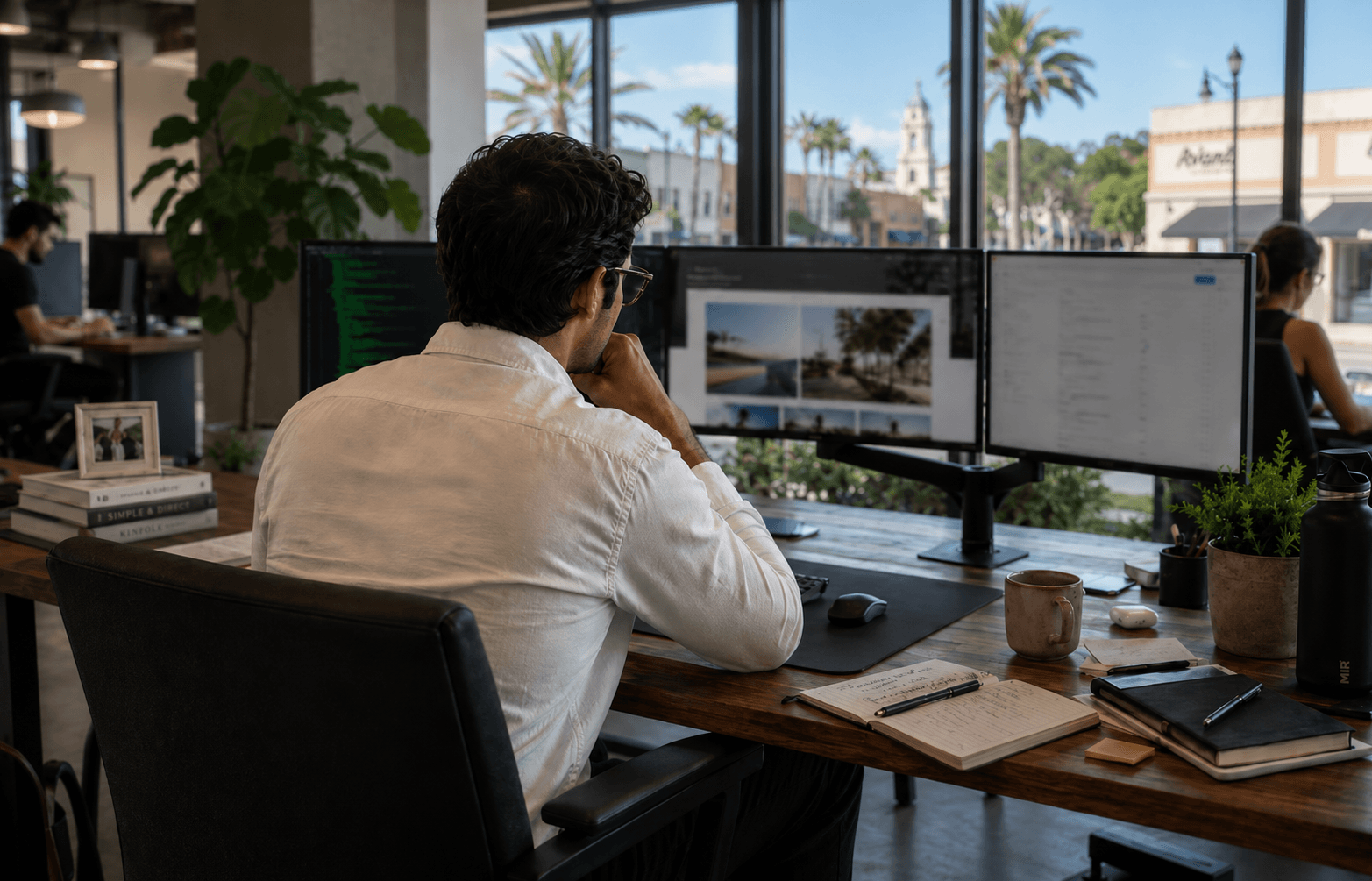 An Operamatix developer at work in a downtown Treasure Coast studio, code and a live client site on screen, a historic main street visible through the windows