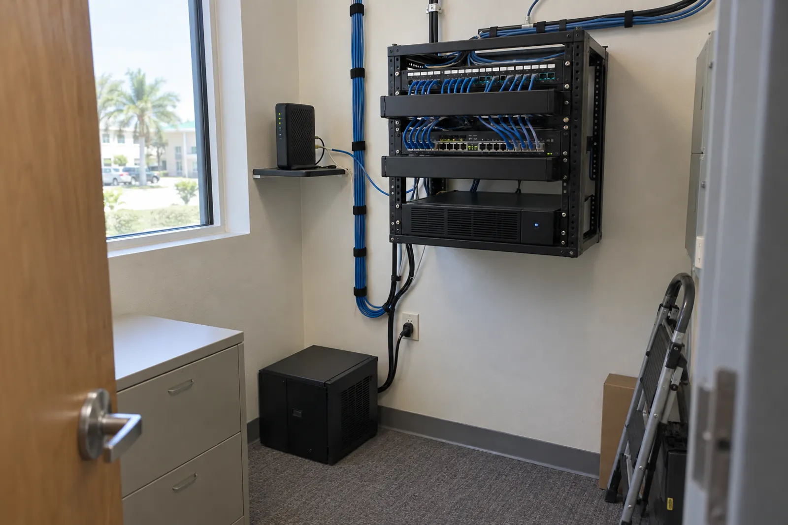 A small office's network closet after a clean install: a wall-mounted rack with a patch panel, a switch, and neatly dressed patch cables, the modem on a shelf beside it