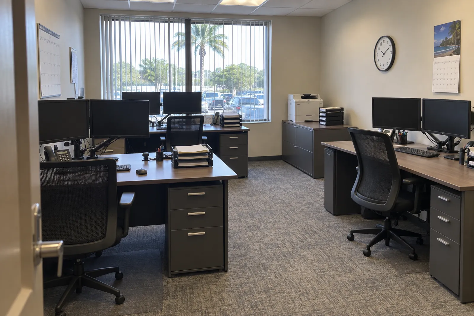 A small professional office in Florida, seen from the doorway: desks with two monitors each, a printer on a low cabinet, a wall clock, and a palm through the blinds