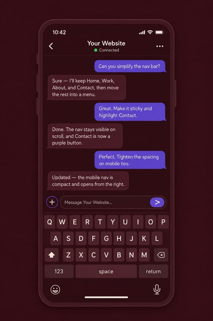 A phone chat with a website: the owner asks for nav changes and the site makes them