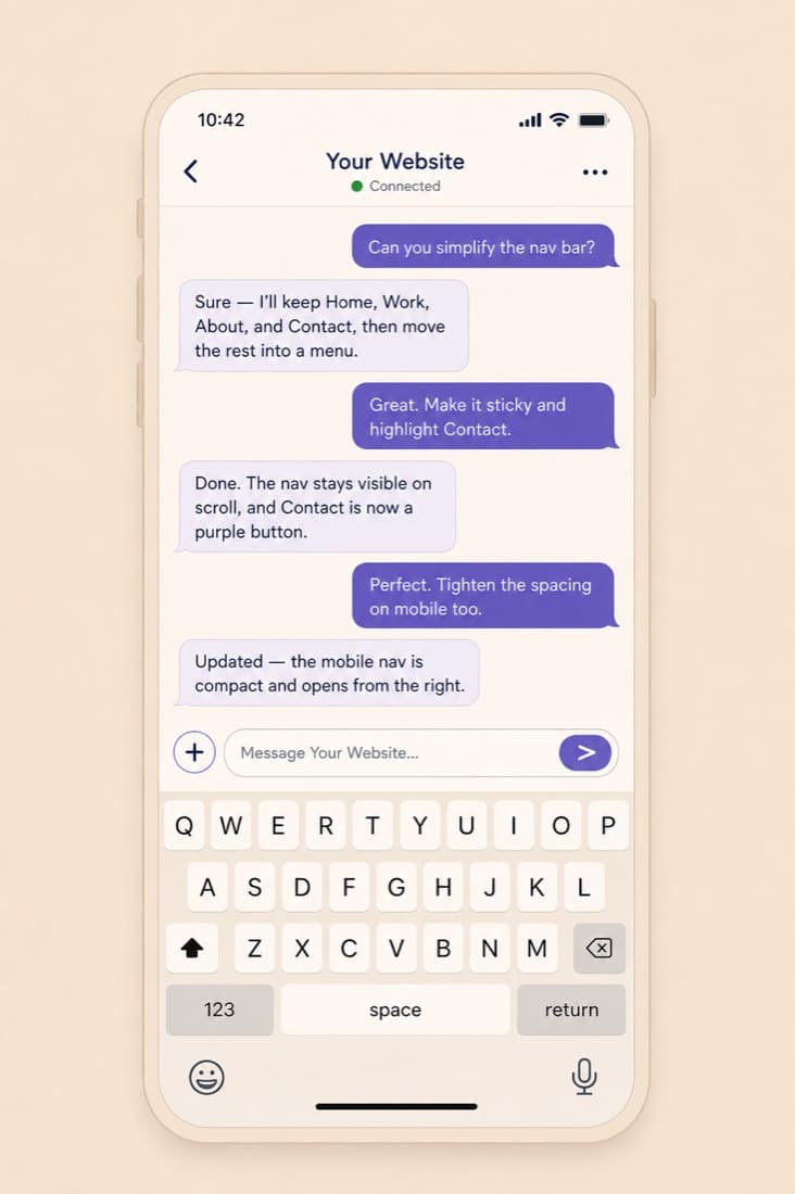 A phone chat with a website: the owner asks for nav changes and the site makes them