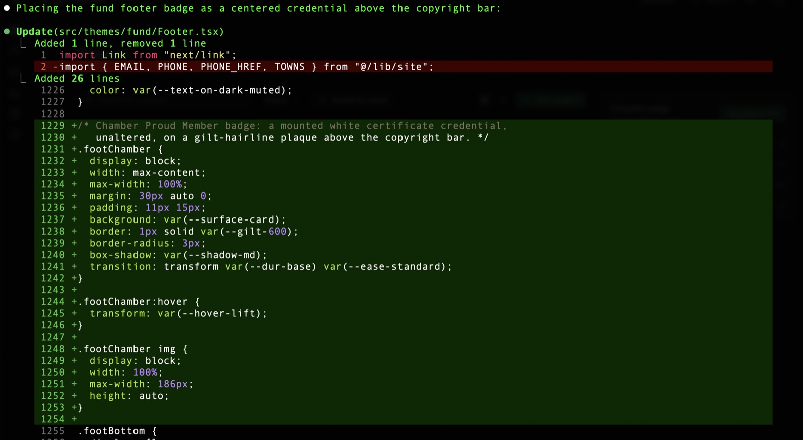 A terminal view of one of our AI agents editing a site's code as a live diff.