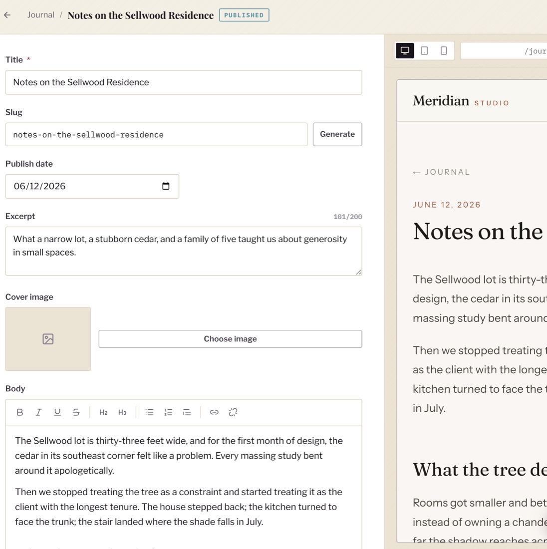 The Operamatix CMS page editor: form fields beside a live preview
