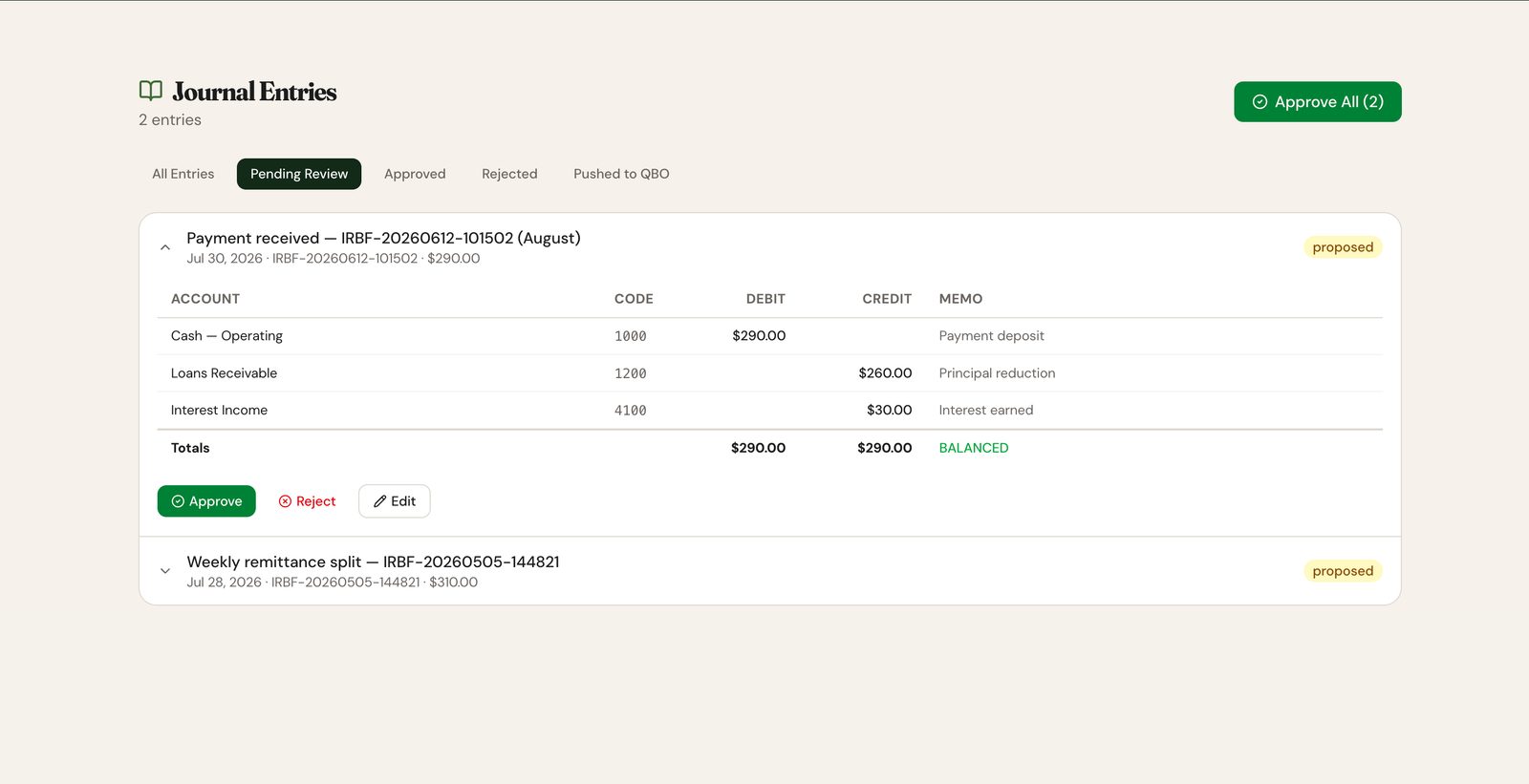 IRBF journal entries pending review with balanced debits and credits