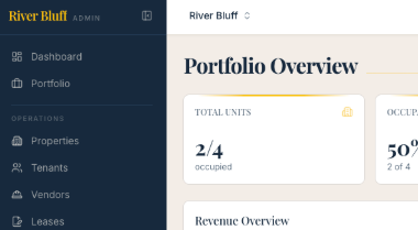 A resident portal and bookkeeping dashboard from a property-management web app Operamatix built.